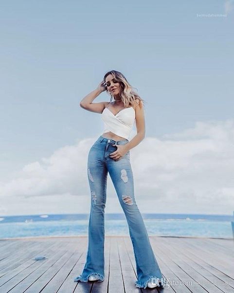 

women flare jeans summer high waist light blue skinny ripped bleached jeans ladies elastic waist long pants new fashion designer
