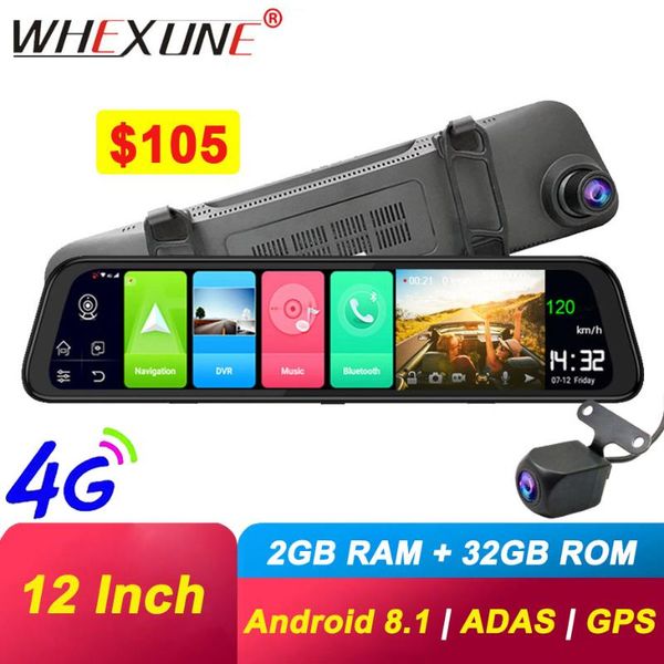 

whexune 12 inch car dvr streaming rear view mirror 4g android gps navigation dash cam 2g+32g 1080p auto registrar video recorder