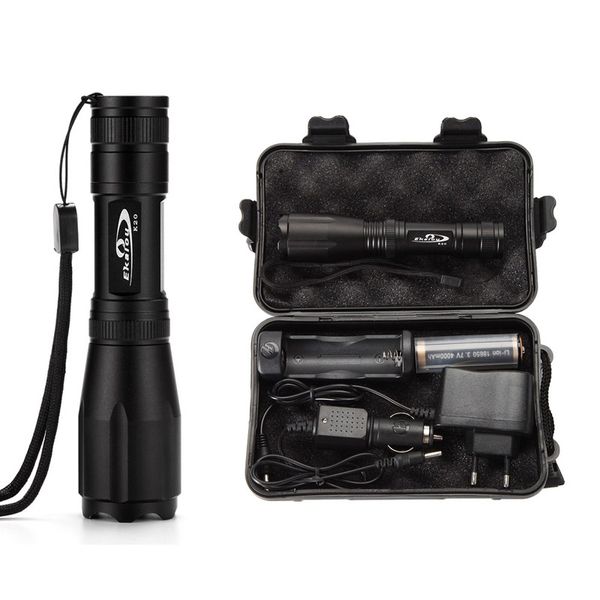 

wholesale ekaiou k20 led flashlights zoomable tactical torch light xml t6 flashlight with 18650 battery charger gift boxs sets