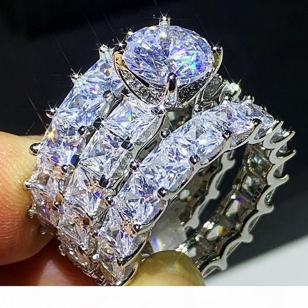 

3pcs sparkling luxury jewelry 925 sterling silver princess cut white z stack diamond party promise women engagement band ring gift, Slivery;golden