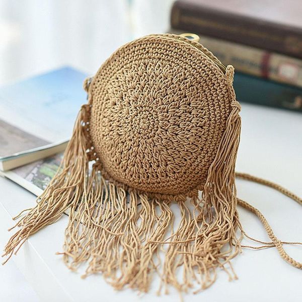 

summer beach crossbody bags woven tassel shoulder messenger handbags women round knitted women fashion shoulder bag