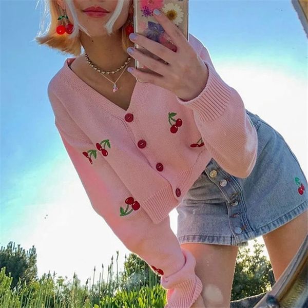 

autumn and winter retro sweet embroidery cherry cute buttons short v-neck loose sweater cardigan jacket women, White