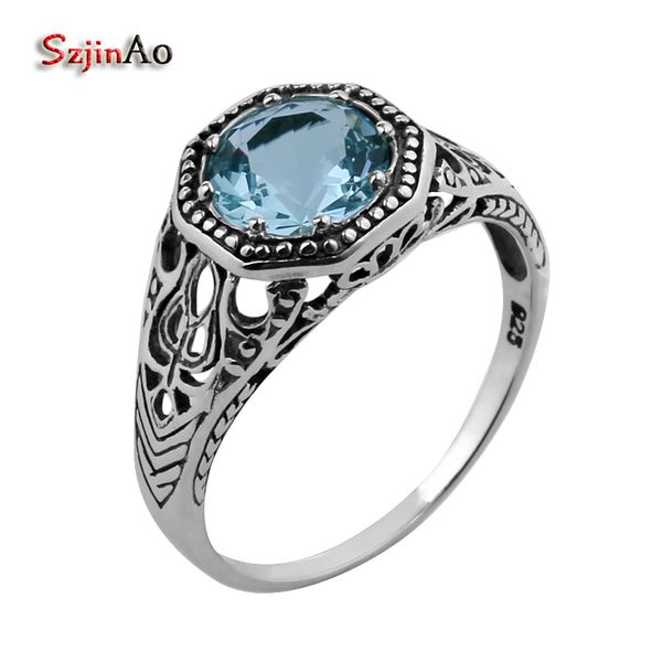 

szjinao fashion 8x8mm 925 sterling silver ring border flowers copy antique blue crystal silver women ring wholesale, Golden;silver