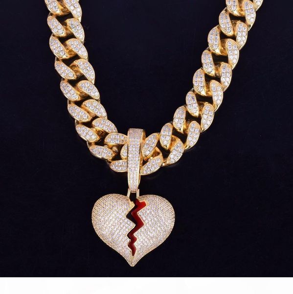 

iced out broken hearts pendant necklace men women hip hop bling gold silver color 20mm cuban chain jewelry