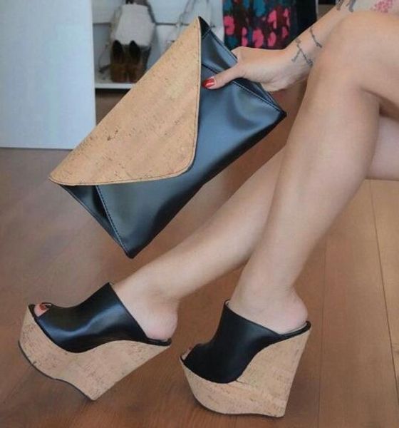 

moraima snc black cork platform sandals peep toe wedge heel mules summer sandals for woman super high black leather slides y200620