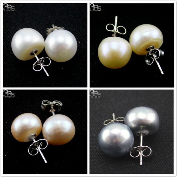 

bgsj gift box packed s925 sterling silver earring studs white pink natural pearl earrings, Golden;silver