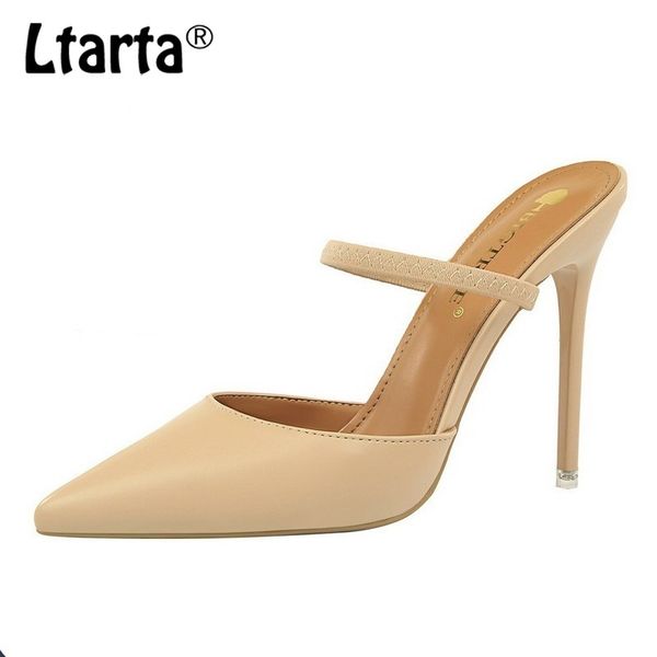 

ltarta 10.5cm retro minimalist baotou slippers fine with high heels shallow mouth pointed-out word with women slippers ds, Black