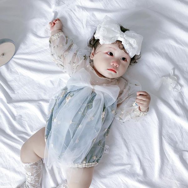 

sweet lace embroidery mesh long sleeve romper newborn baby girls jumpsuit big bowknot front design infant bodysuit for children, Blue