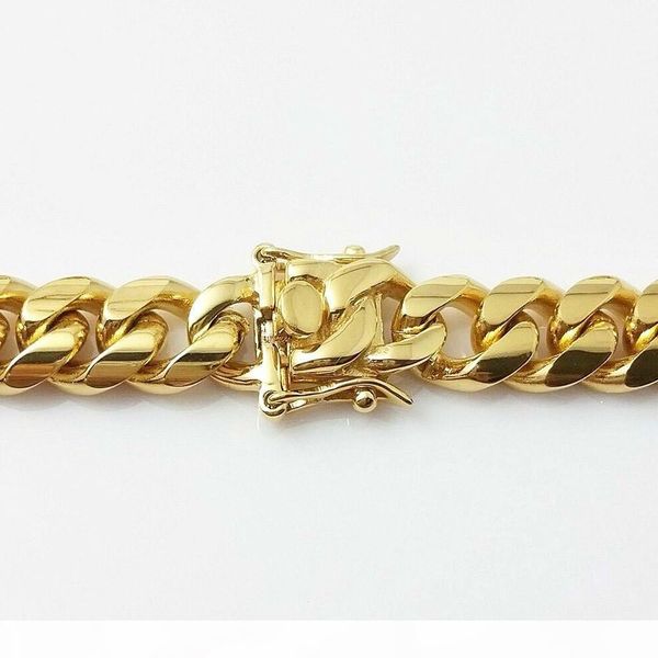 

stainless steel jewelry 18k gold plated high polished cuban link necklace men 14mm chain dragon-beard clasp 24 26 28 30, Silver