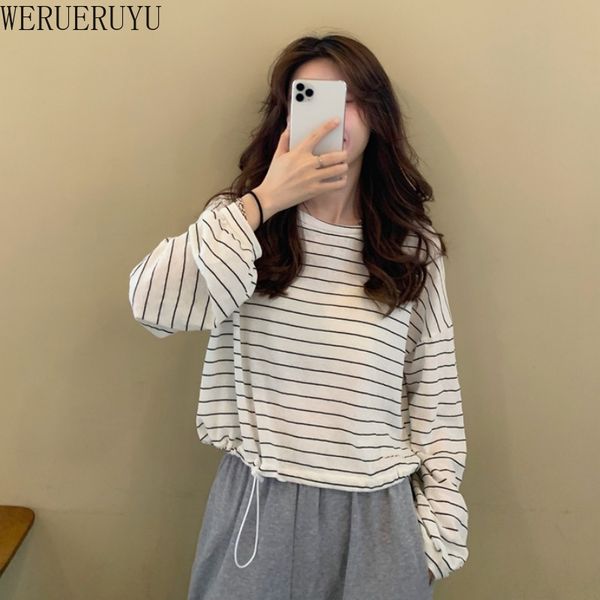 

werueruyu 2020 autumn women t shirt fashion clothing lady o neck t-shirt pink white long sleeve female