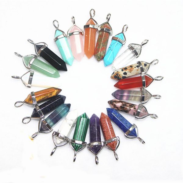 

bulk charms 6 side pendulum bullet amethys jade malachite tiger eye natural stone pendant necklace quartz crystal pendant healing crystals, Bronze;silver