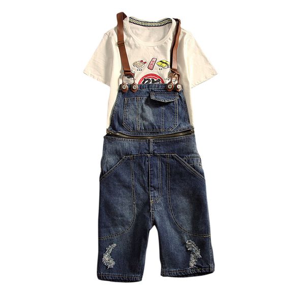 

new mens distressed short jeans ripped jumpsuit denim overalls men cargo pants with suspenders denim bib overalls for men, Blue