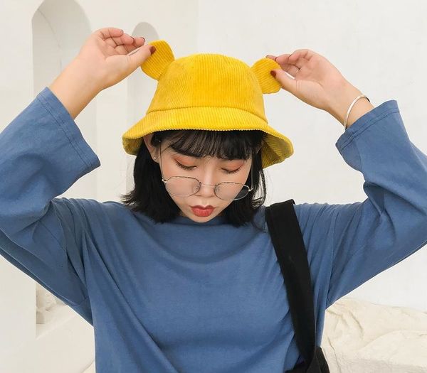 

harajuku kwaii прекрасные уши твердая вельвет bucket hat женщины мультфильм bonnet маленький желтый студент hat осень зима зонт cap, Blue;gray