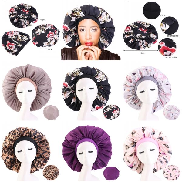 

new spring autumn winter women's large sleeping cap multicolor printing sleeping cap satin brimless round hairdressing, Blue;gray
