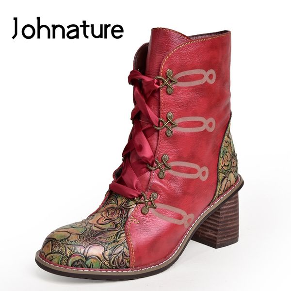 

johnature high heel boots genuine leather zip women shoes round toe 2020 new winter floral metal decoration platform ankle boots, Black
