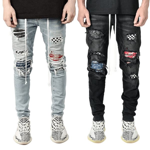 

men's jeans fashion men skinny ripped frayed slim fit pant long casual pants, Blue