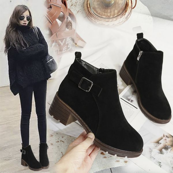 

women's boots autumn booties ladies shoes low heels booties round toe boots-women winter footwear luxury designer, Black