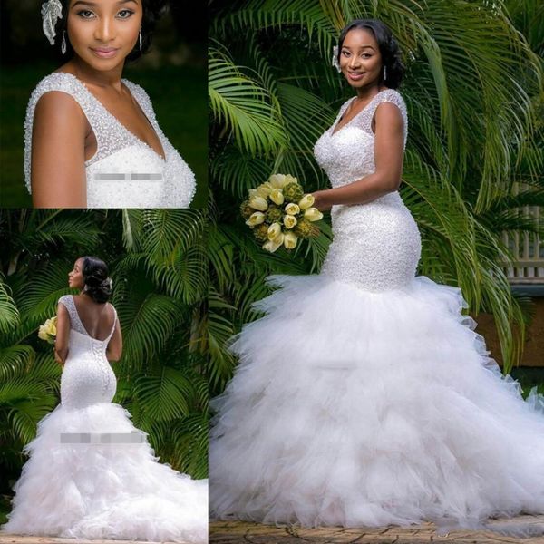 

2021 mermaid deep v neck wedding dress african backless ruffles tulle garden bridal gown custom made vestios de novia, White