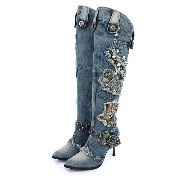 

women vintage thin heel denim denim high-heeled shoes boots over the knee jeans rhinestone blue black warm long bo
