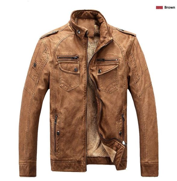 

autumn and winter men's jacket leather plus velvet washed vintage leather winter faux fur male clothes pu leather jacket, Black