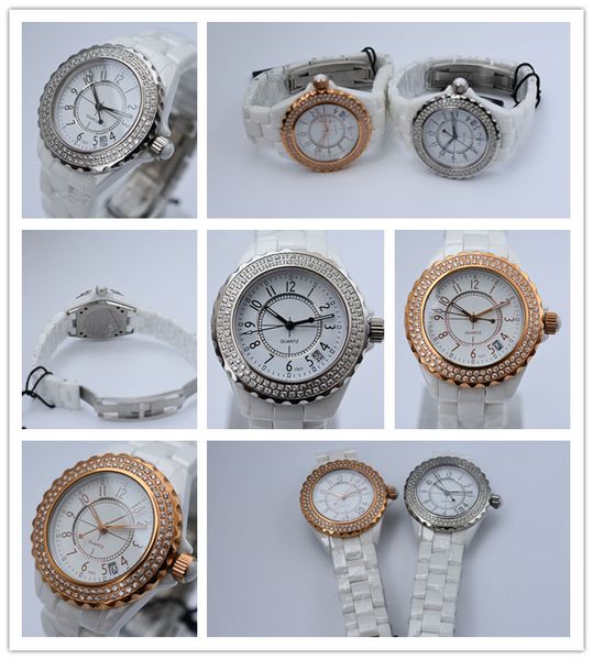 

luxury watch 33mm vk quartz chronograph black white dial diamond bezel stainless steel bracelet fashion lady watches, Slivery;brown