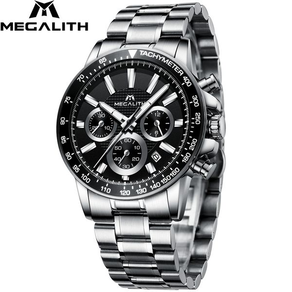 

megalith sport waterproof watch steel strap chronograph date mes's watch clock business casual quartz men, Slivery;brown