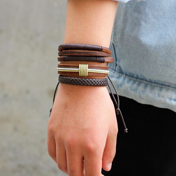 

new adjustable punk multiple layers bangle men's braided leather bracelet sets bohemia charm jewelry for men women, Golden;silver