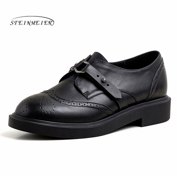 

women summer leather shoes woman brogue lady flats shoes vintage sneakers slip on spring casual for women 2020, Black