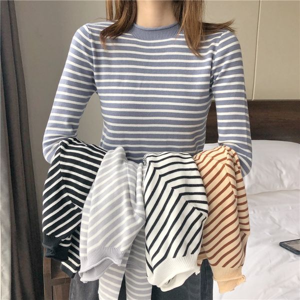 

new simple slim fit turtleneck stripes long sleeve knitwear sweater bottoming shirt for women slzfz76, White;black