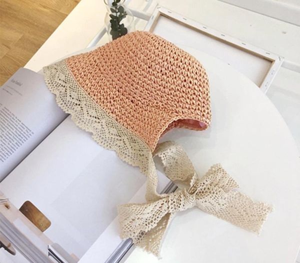 

cokk летние шапки для девочек соломы с кружевом ленты лук дети baby girl bucket handmade дети вс hat beach vacation новый y200714, Blue;gray