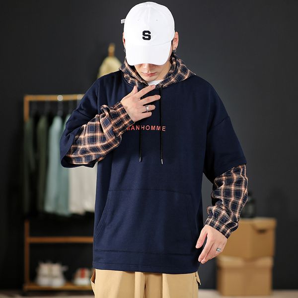 

2020 casual new men patchwork plaid hip hop black hoodies sweatshirts streetwear one piece brand black grey kg-116