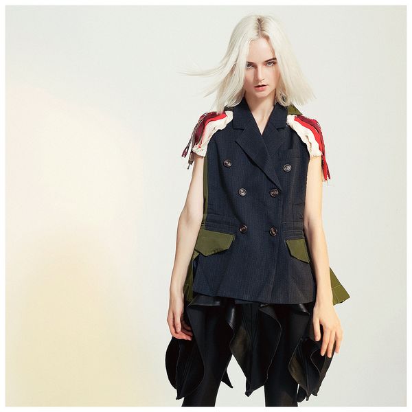 

webbing vest jacket suit jacket 2020 new spring autumn lapel sleeveless embroidery spliced hit color loose big size personality vest women, White