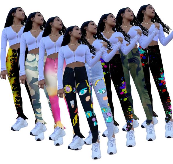 

women's positioning printing tight elastic pit zipper high waist split micro trumpet pants p998, Black;white