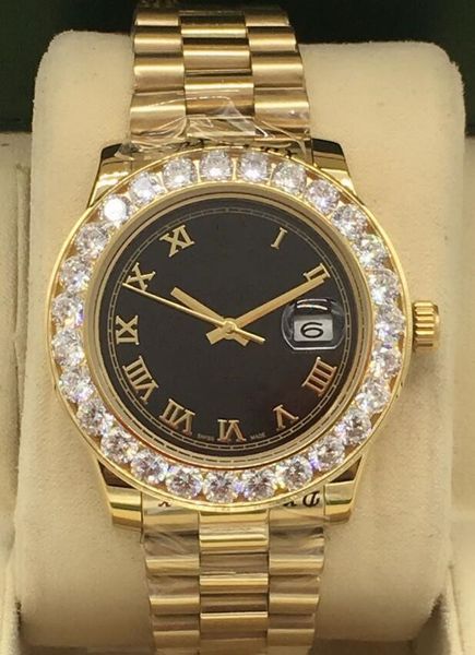 

roman bigger diamond men's watches blue green black dial chest 41mm automatic stainless steel bracelet fashion wristwatch, Slivery;brown