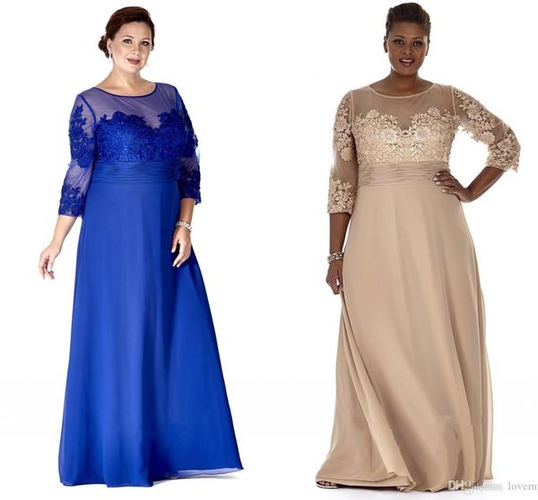 

2020 Cheap Chiffon Plus Size Dresses Sheer Neck Long Sleeve Mother Party Prom Dress Evening Gown For Special Occasion With Lace Appliques
