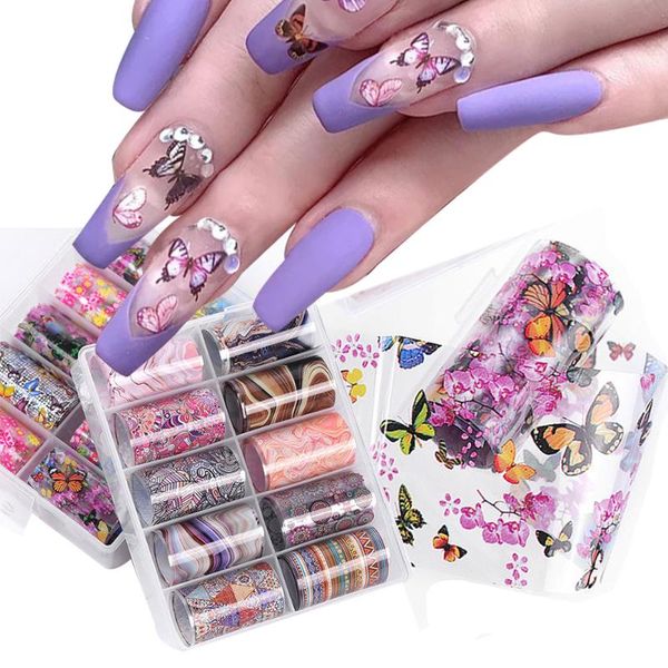 

10 roll/box marble butterfly flowers designs nail foil stickers nail art decorations manicure decals transfer wraps accessories, Black