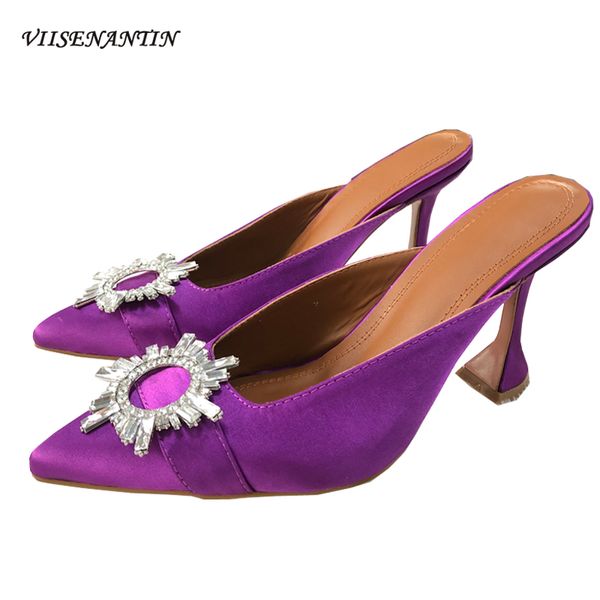 

slippers rhinestone sun flower buckle women slides satin pointed toe cup high heel shoes purple yellow dress shoe, Black