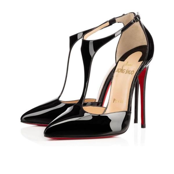 

2020 red bottom fashion high heels patent leather women party wedding triple spikes pointed toes pumps dress shoes with box a95, Black