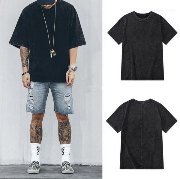 

casual mens oversize clothing fashion mens designer tshirts washed distressed panelled solid color loose tshirt fashion, White;black