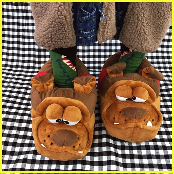 

2020 winter slippers cute couple super thick cartoon dog plush shoes warm spoof personality home cotton slippers, Black