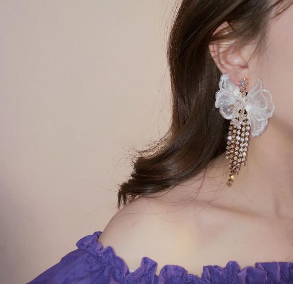 

luxury hand-embroidered beaded bow tie long tassel earrings korea 925 silver pin women earrings