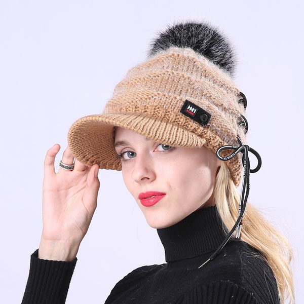 

2020 winter new knitted fleece warm women's cap big furry ball lace wool cap beret beanie hat slouch ski hair accessories, Blue;gray