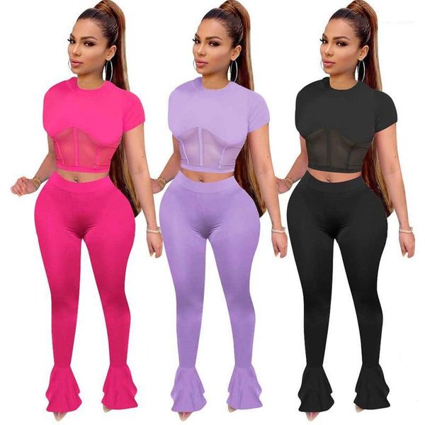 

panelled short sleeve crop long flares pants womens tracksuits natural color two piece set fashion mesh, Gray