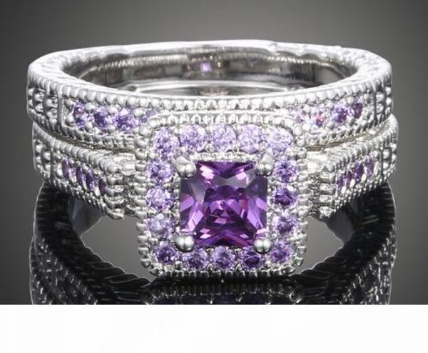 

size 5-10 vintage jewelry princess cut amethyst simulated diamond cz wedding gemstones engagement bridal rings set for women love gift, Slivery;golden