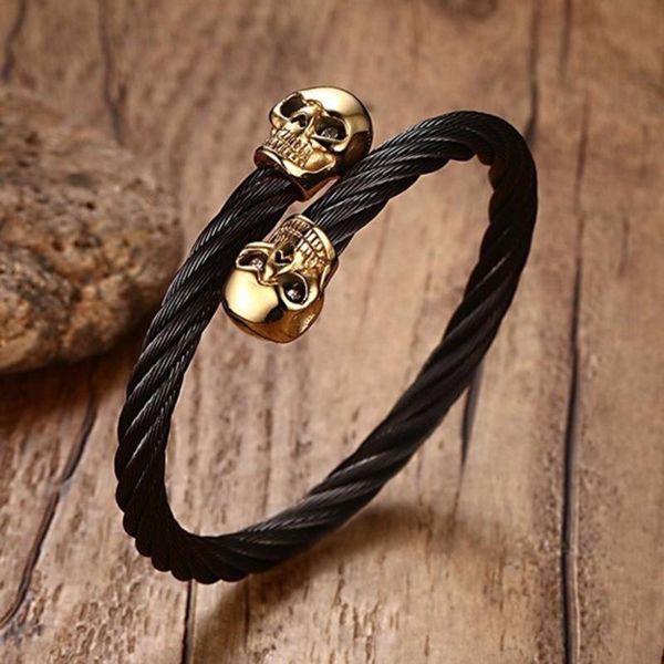 

tennis trendy men's double bracelet punk black interwoven wire cable skeleton stainless steel jewelry, Golden;silver