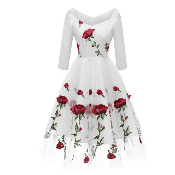 

new arrival rose flower embroidery v neck elegant dress pleated mesh overlay floral white dresses women vintage party dresses, White;red