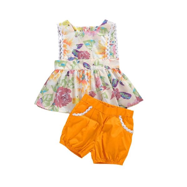 

2020 summer baby girls floral print square collar sleeveless single-breasted ruffle + lace-up shorts 0-24m toddler clothing, White