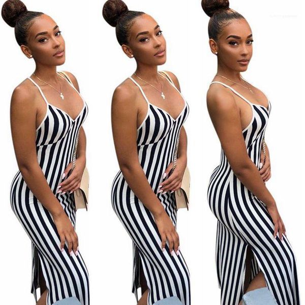 

casual sleeveless v-neck dresses women clothing women designer striped print dresses fashion natural color split dresses, Black;gray