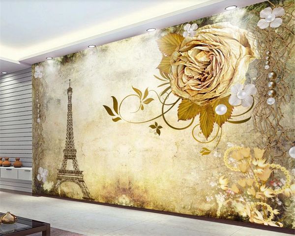 

3d wallpaper flower european nostalgic retro flower tower tv background wall romantic landscape 3d mural wallpaper