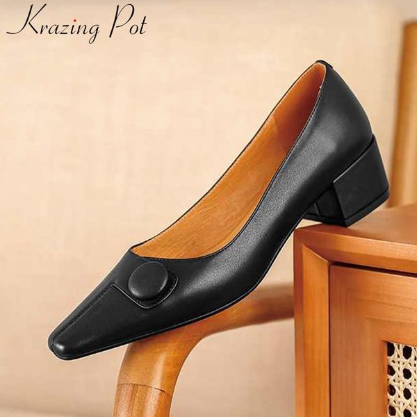 

krazing pot genuine leather med heels square toe metal circle buckle runway model office lady handmade solid women pumps l0f3, Black